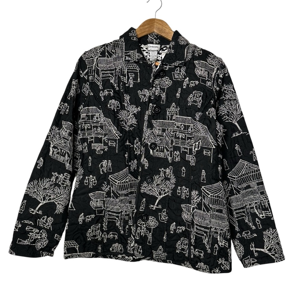 Chicos Pagoda Asian Black White Silk Blend Reversible Embroidered Jacket Size 1